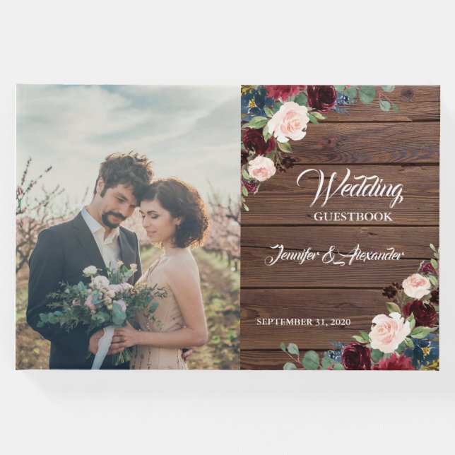 Libro De Visitas Rustic Marsala Wood Floral Boda (Anverso)
