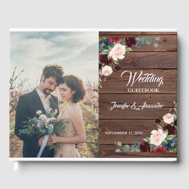Libro De Visitas Rustic Marsala Wood Floral Boda (Anverso)