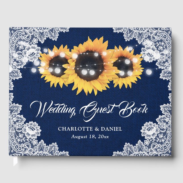 Libro De Visitas Rustic Navy Blue Burlap and Lace Sunflower Wedding (Anverso)