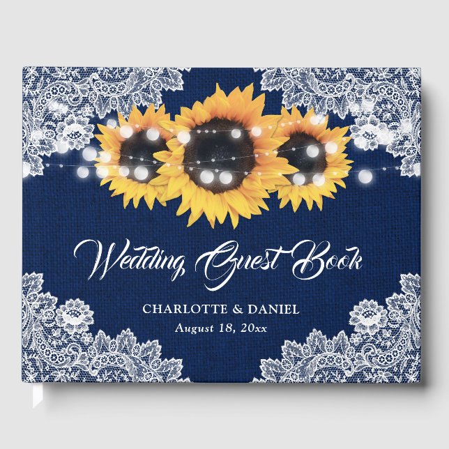 Libro De Visitas Rustic Navy Blue Burlap Lace Sunflower Wedding (Anverso)