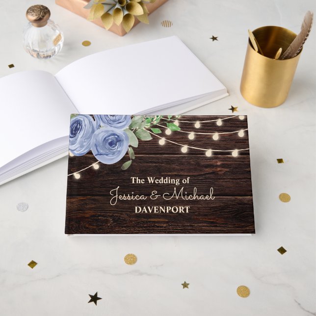 Libro De Visitas Rustic String Lights Blue Floral Wedding (Anverso Abierto)