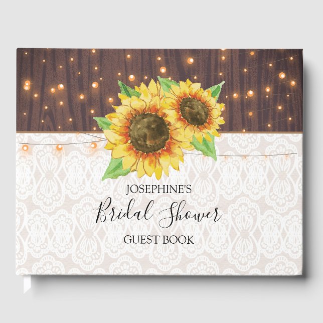 Libro De Visitas Rustic Sunflowers String Lights Lace Bridal Shower (Anverso)