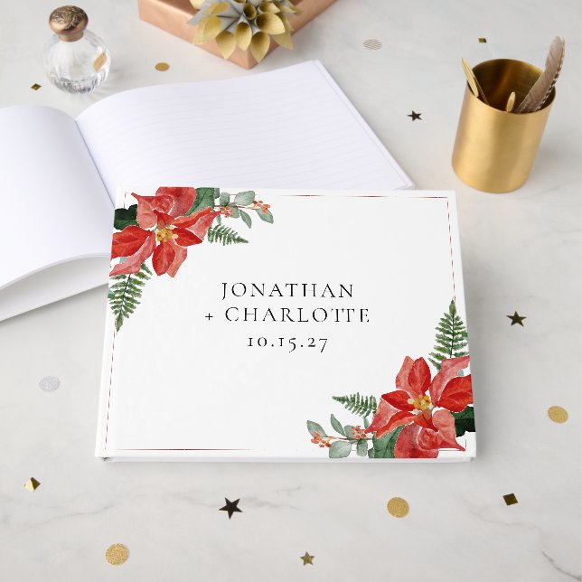 Libro De Visitas Rustic Winter Poinsettia Red Christmas Wedding (Anverso Abierto)
