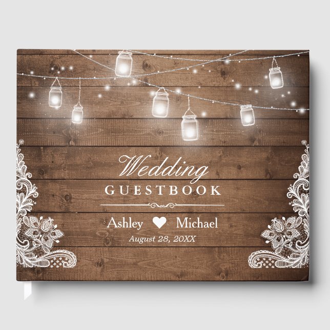 Libro De Visitas Rustic Wood Mason Jar String Lights Lace Boda (Anverso)