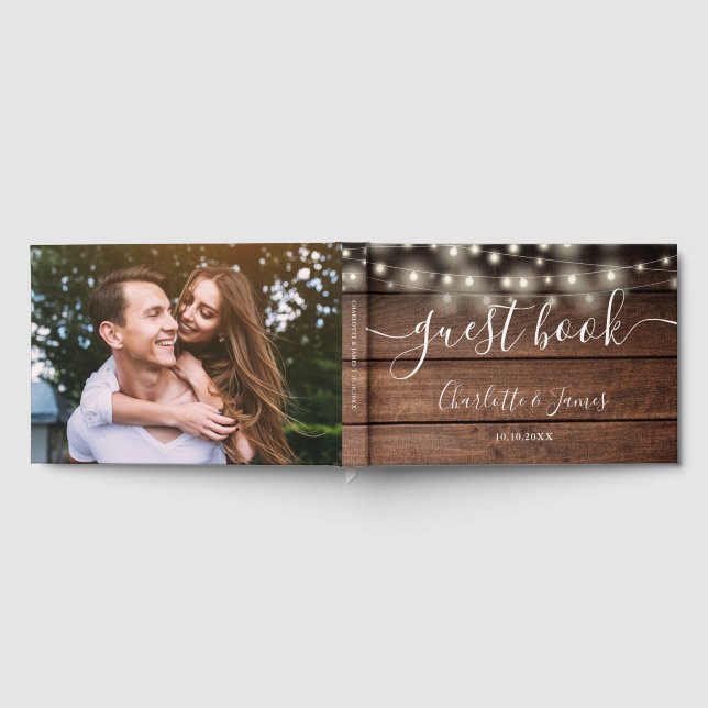 Libro De Visitas Rustic Wood String Lights Photo Wedding (Lleno)