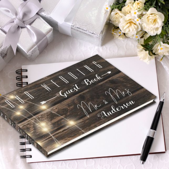 Libro De Visitas Rustic Wood String Luces Boda Keepsake memoria (Subido por el creador)