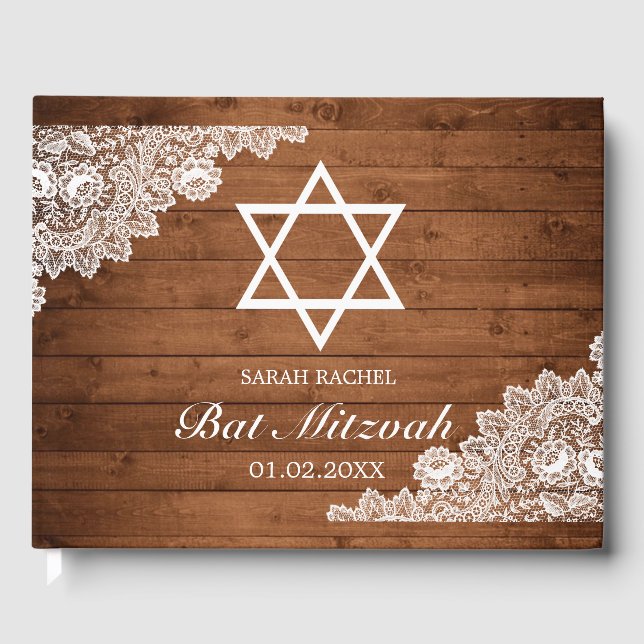 Libro De Visitas Rustic Wood & White Lace Bar Bat Mitzvah (Anverso)