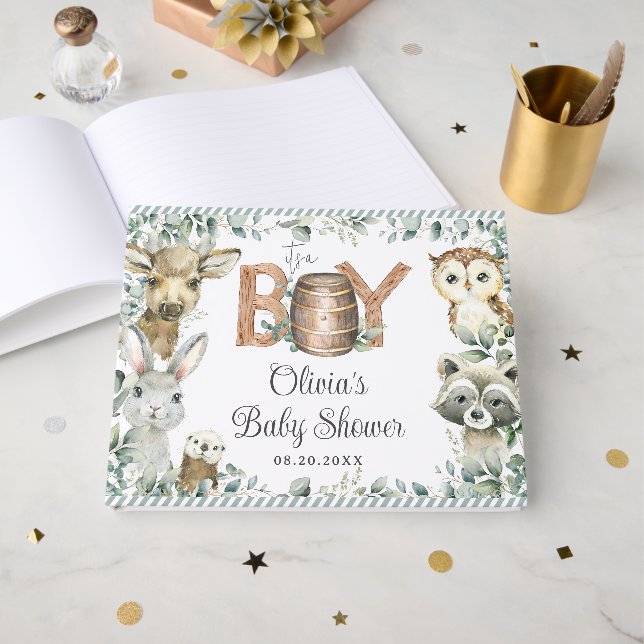 Libro De Visitas Rustic Woodland Animals Greenery Boy Baby Shower  (Anverso Abierto)