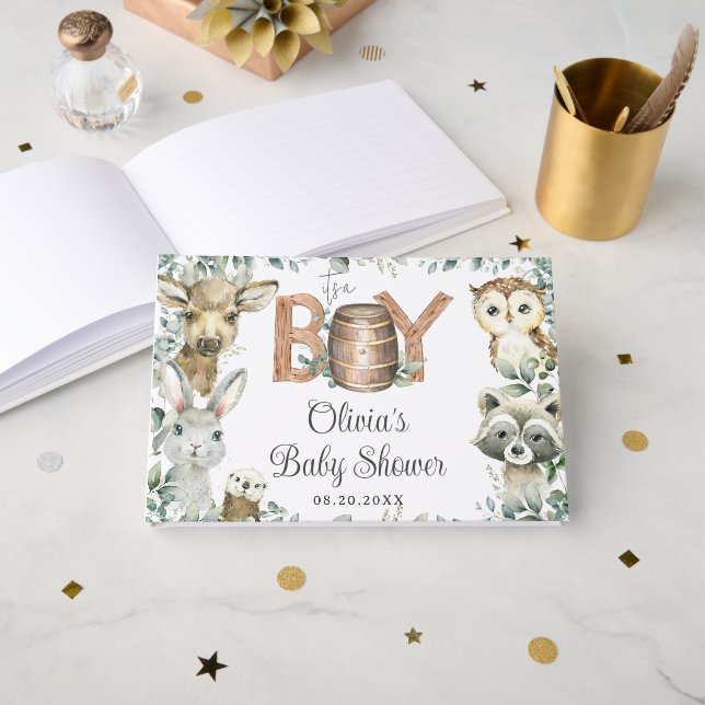 Libro De Visitas Rustic Woodland Animals Greenery Boy Baby Shower (Anverso Abierto)