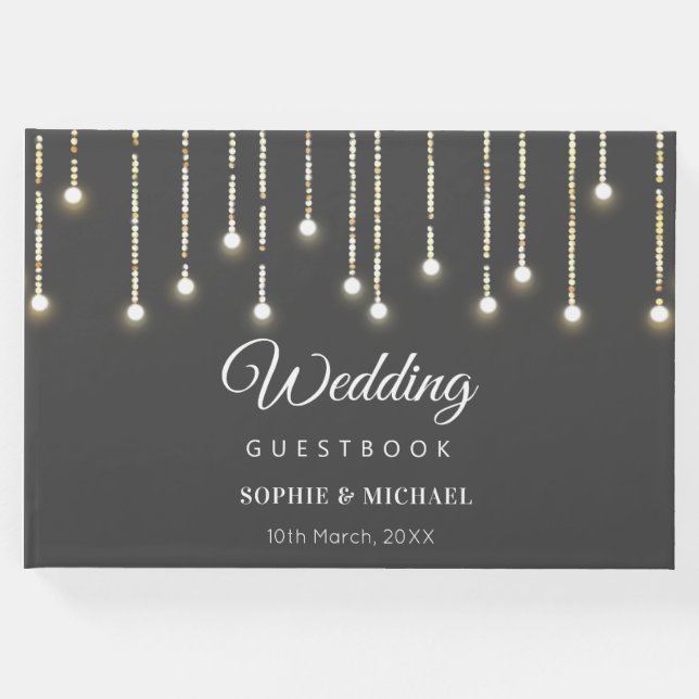 Libro De Visitas Rústica Boda String ilumina el blanco negro (Anverso)