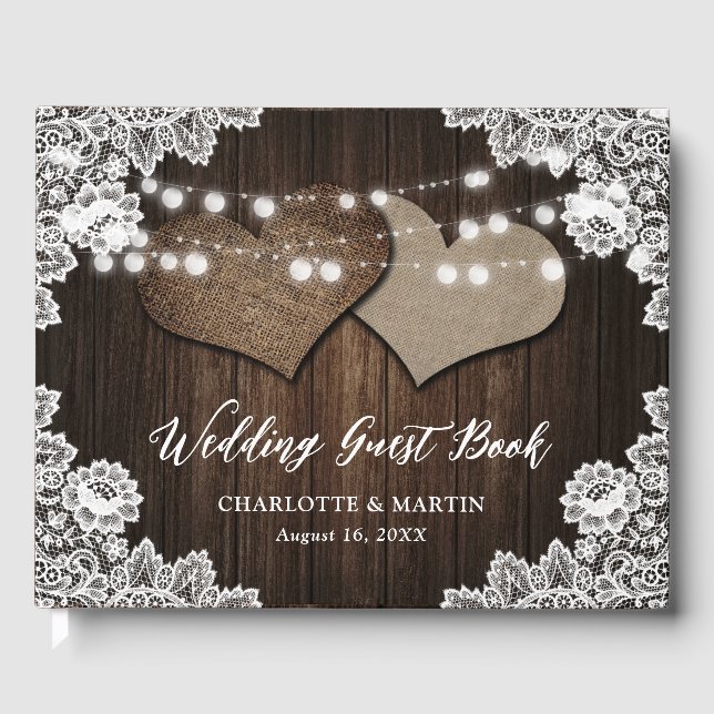 Libro De Visitas Rústica Moda Barn Wood Hearts Lace Country Wedding (Anverso)