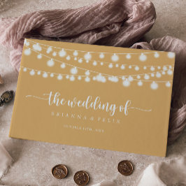 Libro De Visitas Rústica String Lights Boda de caligrafía amarilla