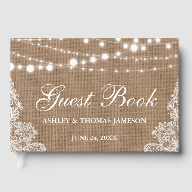 Libro De Visitas Rústico Boda Burlap String Luces (Anverso)