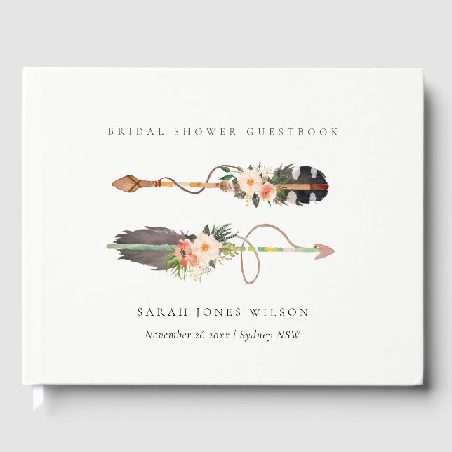 Libro De Visitas Rústico Boho Feather Floral Arrow Bridal Shower (Anverso)