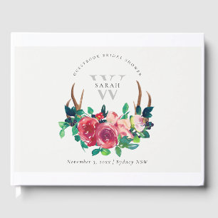 Libro De Visitas Rustico Boho Rojo Floral Ciervo Cuerno Baño Nupcia