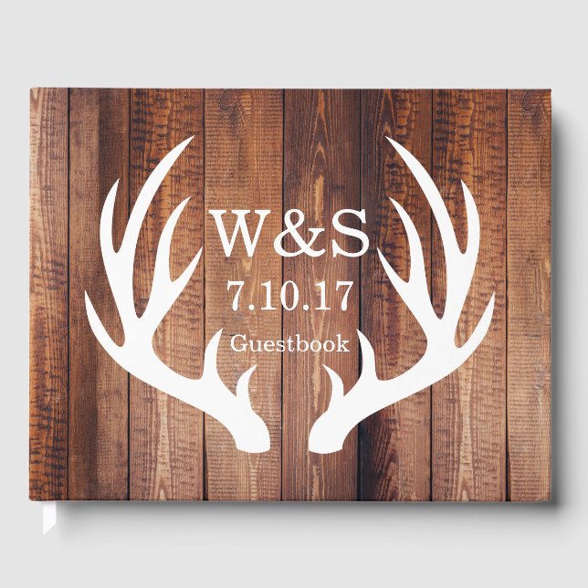 Libro De Visitas Rústico Country Barn Wood Deer Antlers & Iniciales (Anverso)