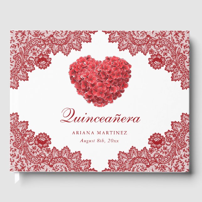 Libro De Visitas Rústico de encaje floral rojo 15 cumpleaños Quince (Anverso)
