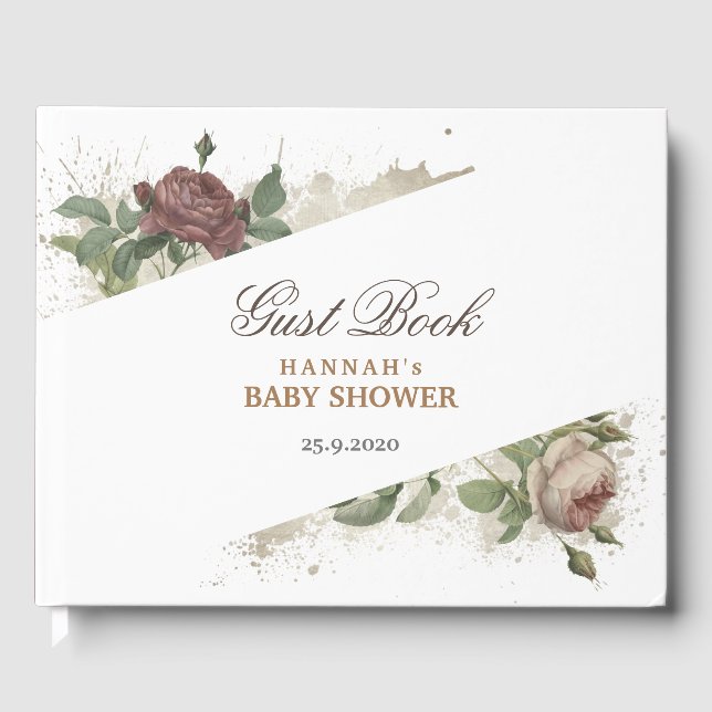 Libro De Visitas Rústico Floral Borgoña Marsala Baby Shower moderno (Anverso)