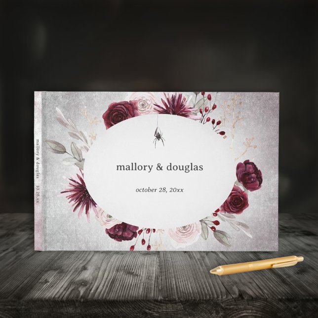 Libro De Visitas Rústico Gótico Negro y Borgoña Boda de Halloween (Rustic Gothic Black & Burgundy Halloween Wedding Guest Book)