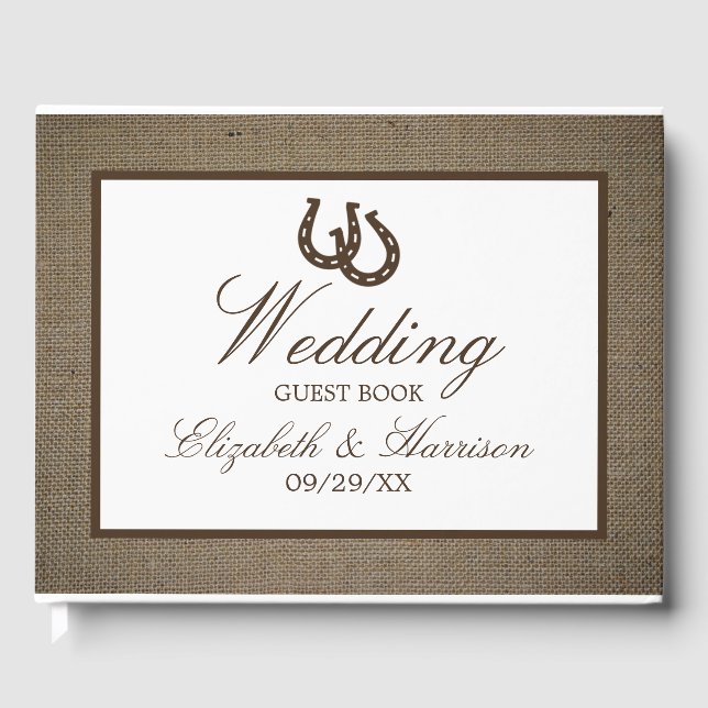 Libro De Visitas Rústico Herradura Del País En El Boda Burlap (Anverso)