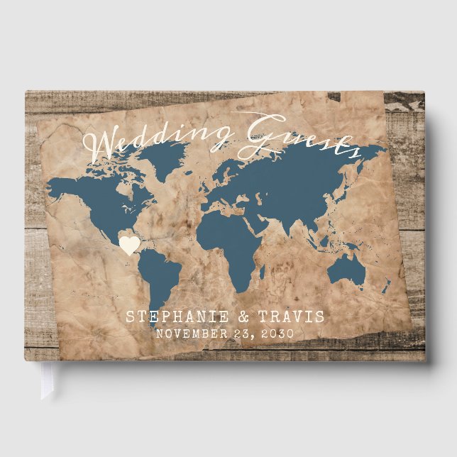 Libro De Visitas Rústico País Barn Wood Mapa Mundial Viajes Tema (Anverso)