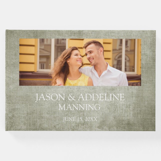Libro De Visitas Rústico Sage Green Burlap Linen Dos Bodas de fotog (Anverso)