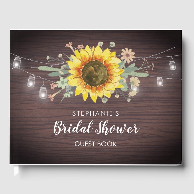 Libro De Visitas Rústico Sunflowers Jar Ilumina Wood Bridal Shower (Anverso)