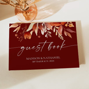 Libro De Visitas Rusty Burgundy Brown Boda de Flor Floral