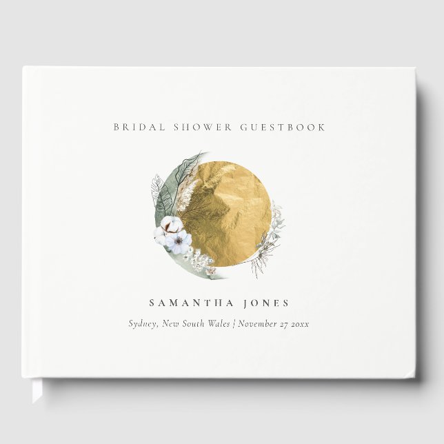 Libro De Visitas Saga Boho Oro Verde Corona Floral Ducha de Novia (Anverso)