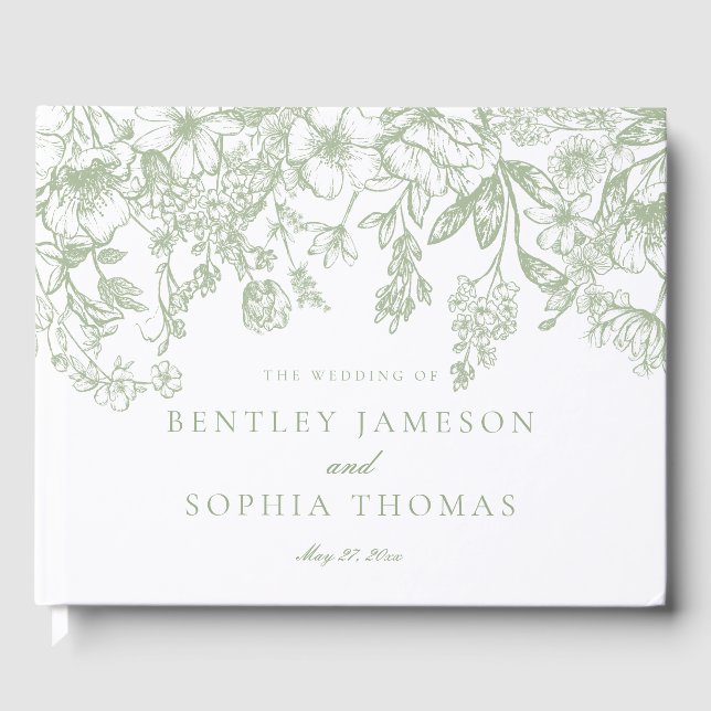 Libro De Visitas Sage Chinoiserie Vintage Floral Wedding Guestbook (Anverso)