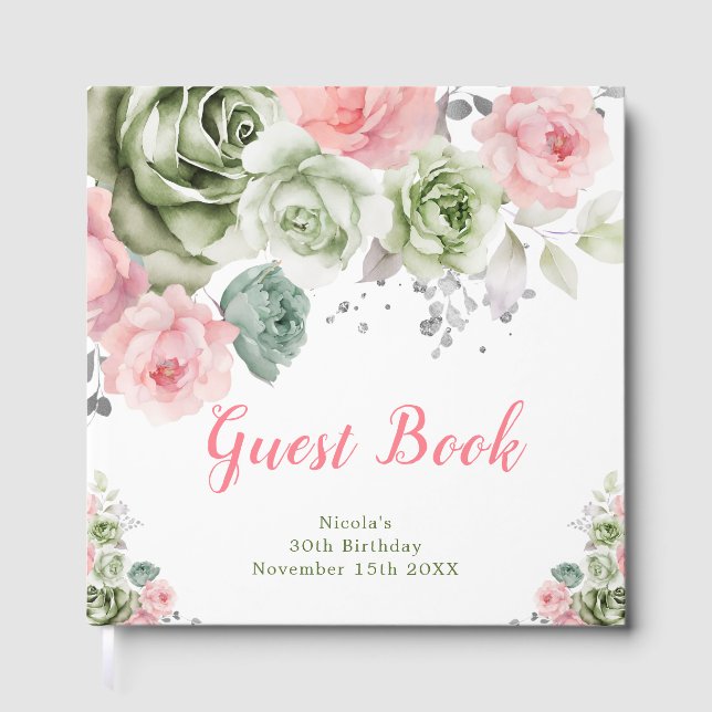 Libro De Visitas Sage Green and Pink Floral Birthday Party (Anverso)
