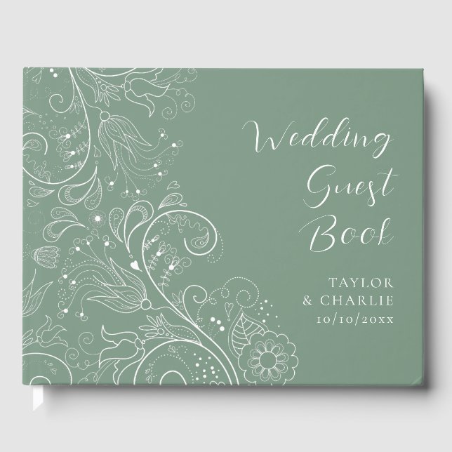 Libro De Visitas Sage Green Elegant Floral Boda (Anverso)