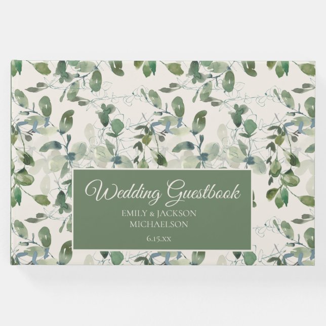 Libro De Visitas Sage Green Eucalyptus deja a cream Boda (Anverso)