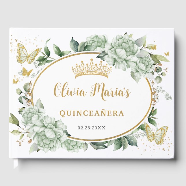 Libro De Visitas Sage Green Floral Butterflies Gold Quinceanera (Anverso)