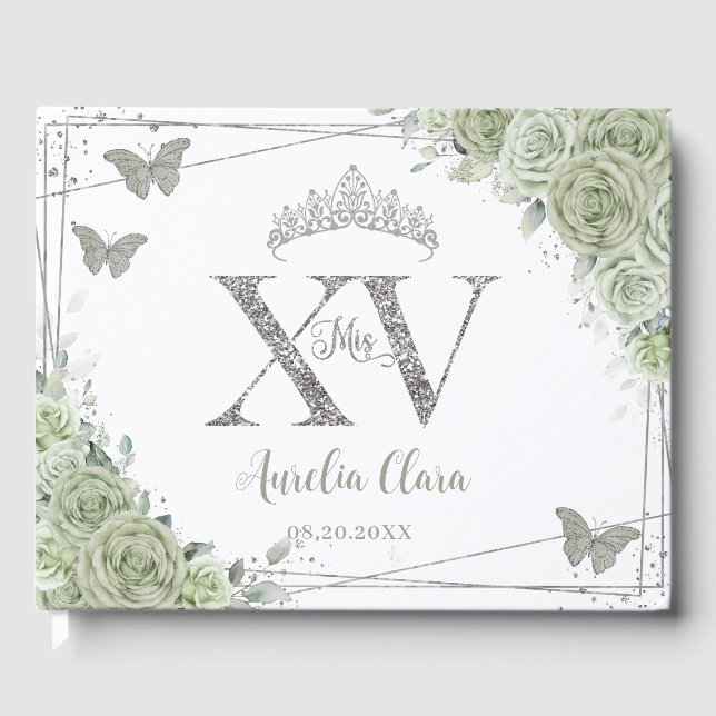 Libro De Visitas Sage Green Floral Butterflies Silver Quinceañera (Anverso)