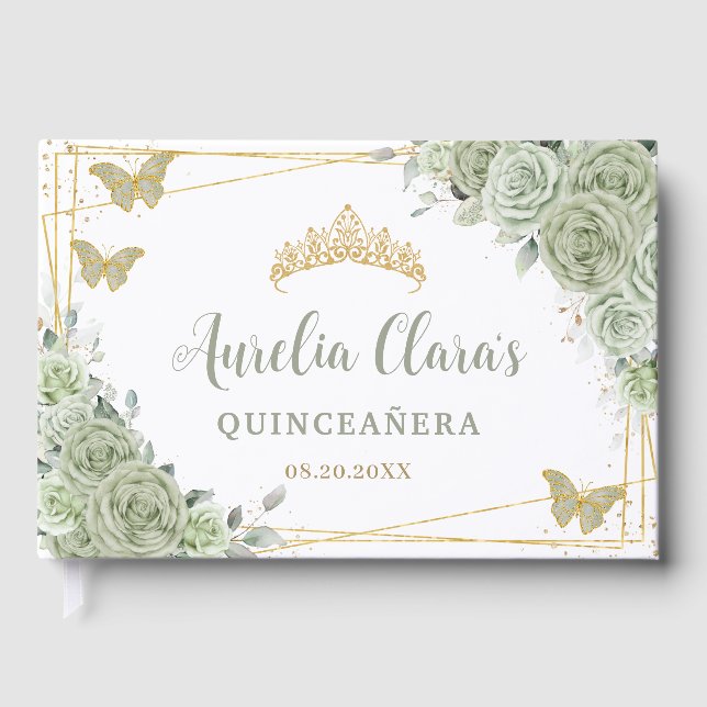 Libro De Visitas Sage Green Floral Butterflis Gold Quinceañera (Anverso)