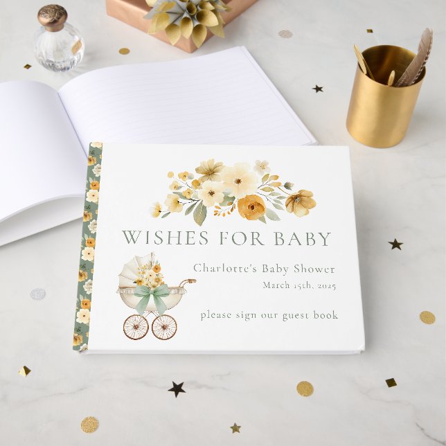 Libro De Visitas Sage Green Floral Carriage Baby Shower Guest Book (Anverso Abierto)