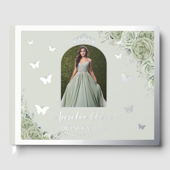 Libro De Visitas Sage Green Floral Silver Quinceañera Quince Foto (Anverso)
