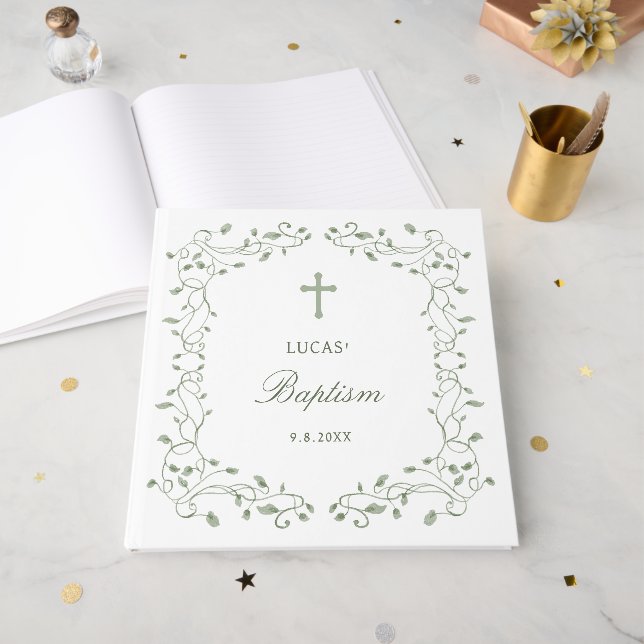 Libro De Visitas Sage Green Foliage Frame Baptism (Anverso Abierto)