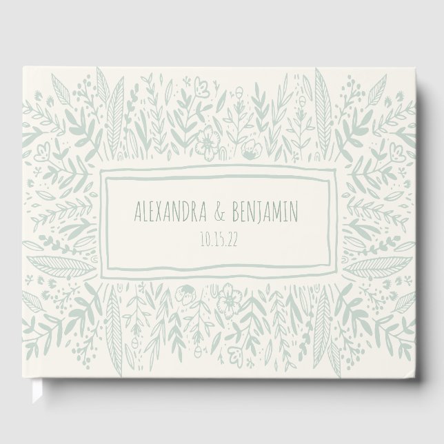 Libro De Visitas Sage Green Garden Floral Art Border Nombre Boda (Anverso)