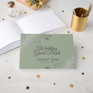 Libro De Visitas Sage Green & Grey Frilly Filigree Elegant Wedding