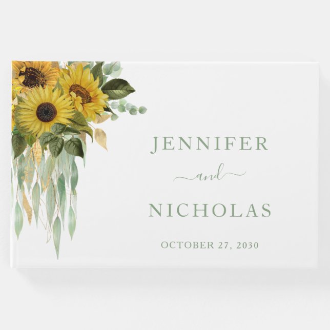 Libro De Visitas Sage Green Script Sunflower Eucalyptus Boda (Anverso)