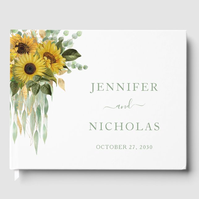 Libro De Visitas Sage Green Script Sunflower Eucalyptus Boda (Anverso)