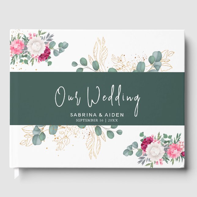 Libro De Visitas Sage Green simple | Boda floral rosa brillante (Anverso)