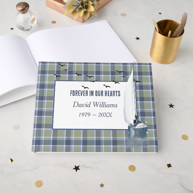 Libro De Visitas Sailboat On Plaid For Memorial Service (Anverso Abierto)