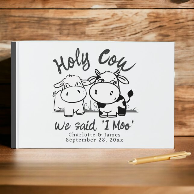 Libro De Visitas Santa Vaca Que Dijimos Que Yo Moo Personalizado (Holy Cow We Said I Moo Personalized Guest Book from Ricaso. Whimsical cute cattle couple, add names)