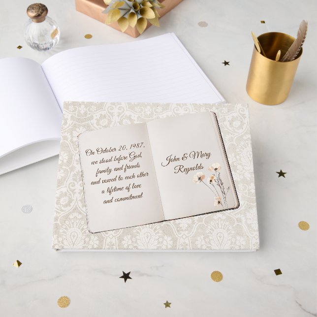 Libro De Visitas Scrapbook On Damask For Anniversary Party (Anverso Abierto)