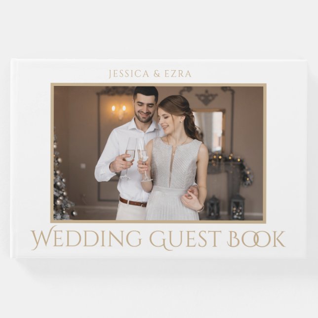 Libro De Visitas Script Estiloso Blanco y Dorado | Foto (Anverso)