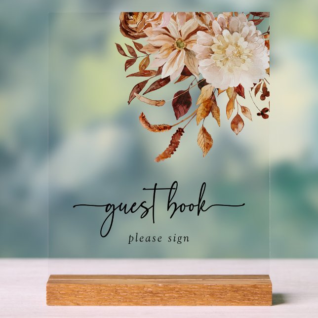 Libro de Visitas Señal Acrílica de Otoño (Terracotta Copper Tone Fall Floral Wedding Guest Book  Acrylic Sign by Painted Paperie
)