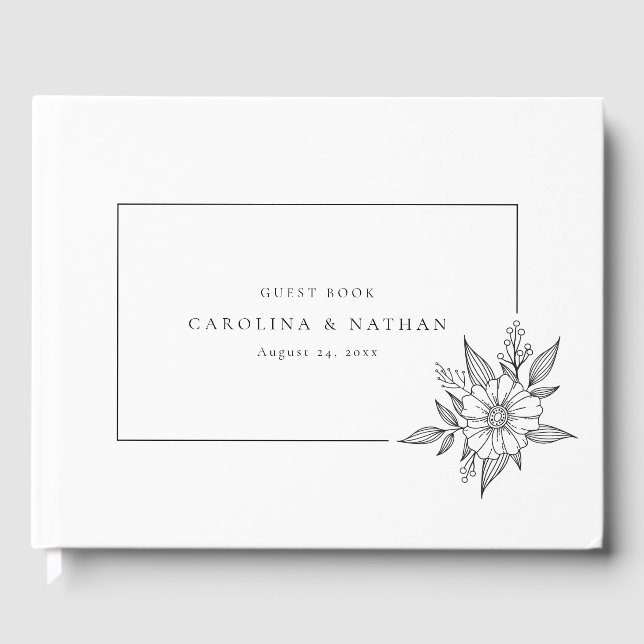 Libro De Visitas Sencillo Boda floral blanco y negro (Anverso)